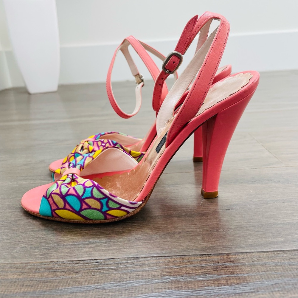 Marc Jacobs print satin and leather ankle wrap sandals, size 5